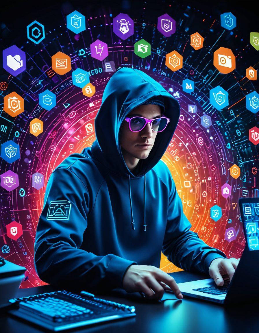 A dynamic collage of web application security elements features a hacker at a computer, a 'CTF challenge' leaderboard, a magnifying glass over code symbols, and a trophy for bug bounties. The background includes digital security icons and binary code streams. vibrant colors. 3D. tech-inspired art.