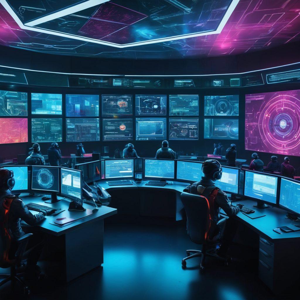 A high-tech control room with multiple monitors displaying various stages of cybersecurity processes: vulnerability assessments, threat detection, and incident response. In the background, a dynamic holographic shield symbolizes the strengthening of defenses. People in cyber suits collaborating intensely. super-realistic. cyberpunk. vibrant colors.