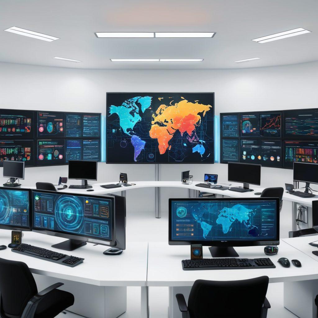 A futuristic command center with multiple screens displaying code and security alerts, ethical hackers in action, analyzing data and thwarting cyber threats, with a digital shield symbolizing protection. super-realistic. vibrant colors. white background.
